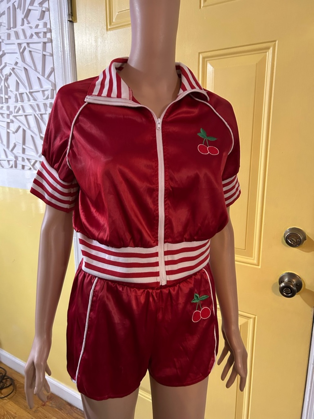 Women's Red Satin Two-Piece Cherry Lounge Set